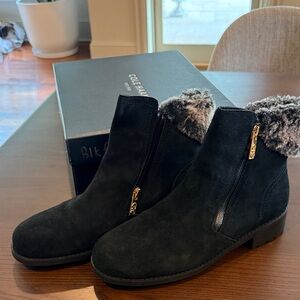 Cole Haan Black Suede Ankle Boots with Faux Shearling Fur and Gold Zippers